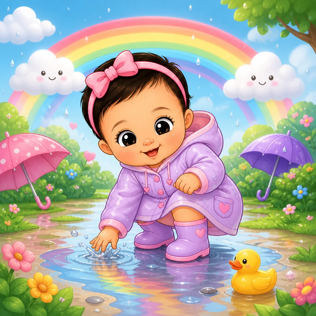 Brenda brincando na chuva sob um arco-íris